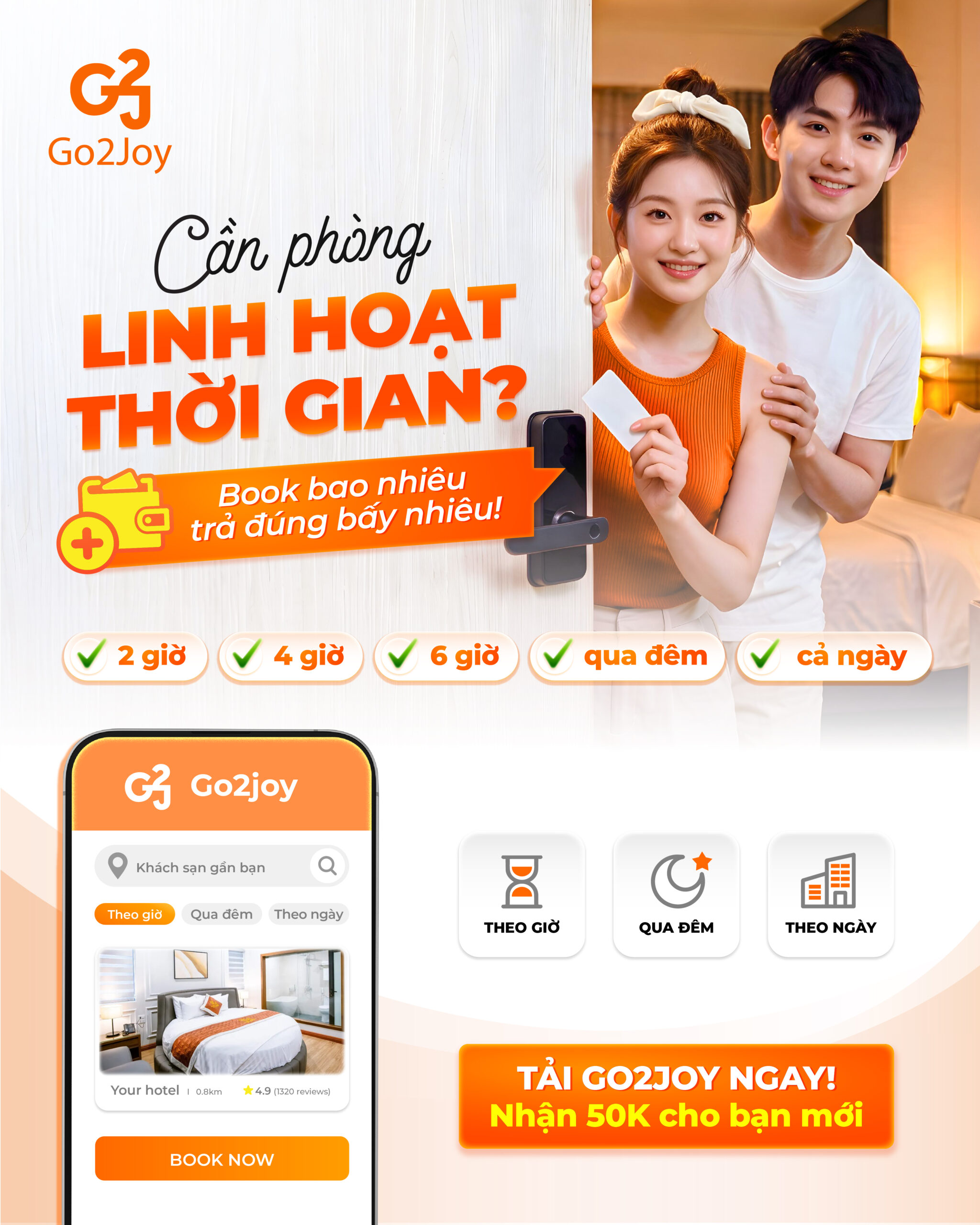 Đặt phòng linh hoạt theo giờ, qua đêm hoặc theo ngày trên Go2Joy